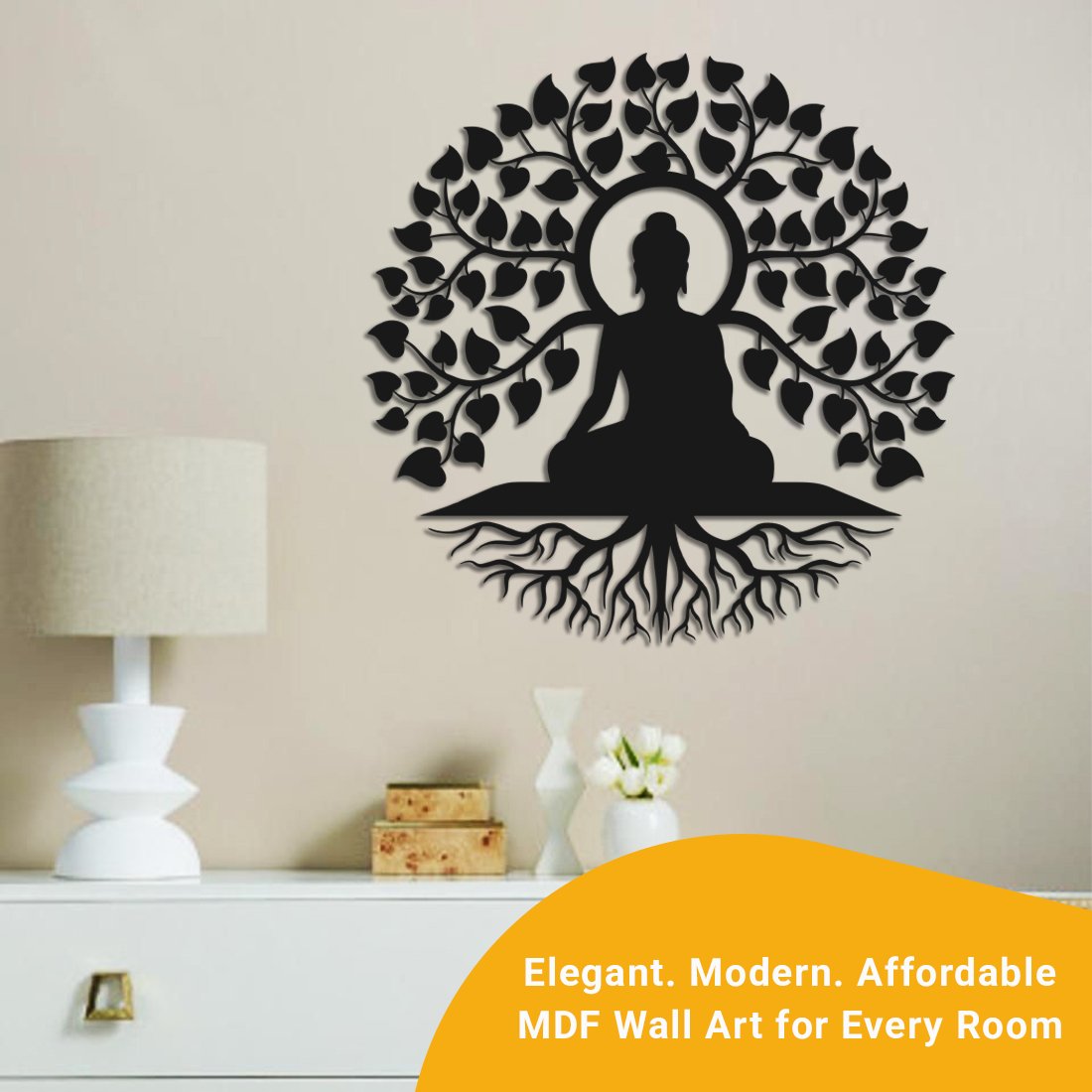 Elegant and modern affordable wall art online featuring a black Buddha tree design for home decor.