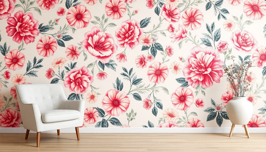 Bright floral wallpaper in a living room, ideal for DIY home decor projects inspiration