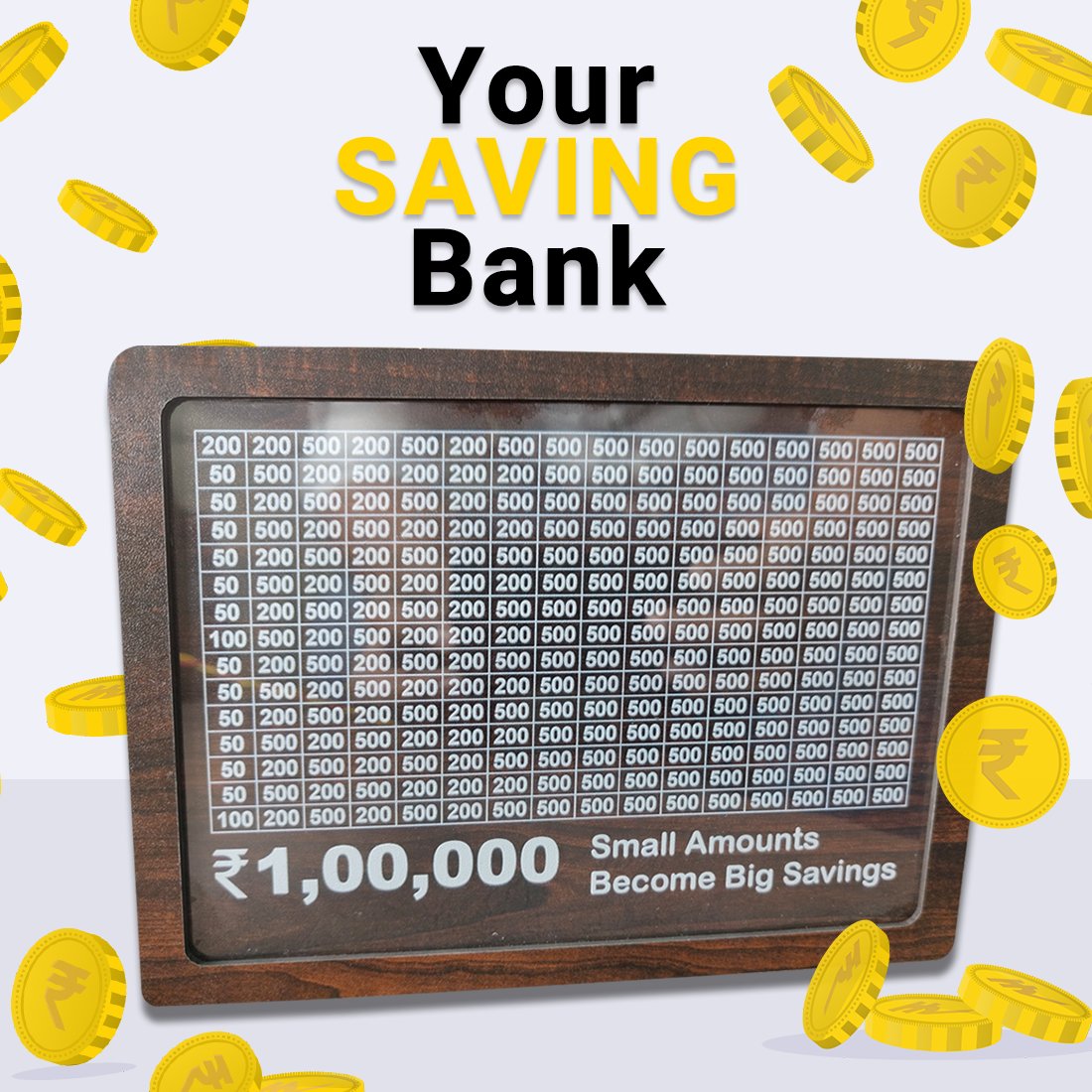 Decorative wooden savings bank with a savings goal chart and golden coins scattering around