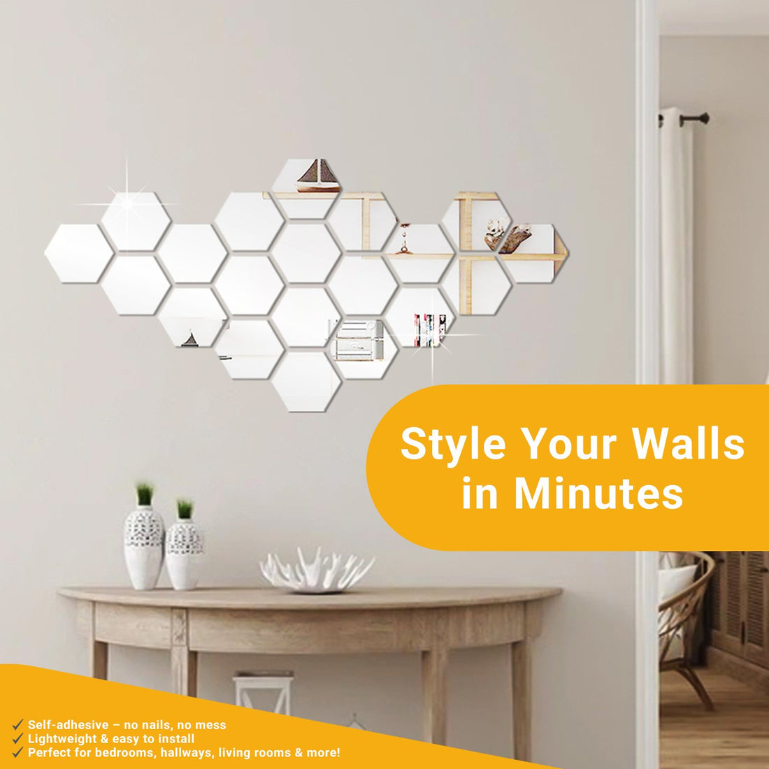Decorative mirror stickers arranged in a hexagonal design for stylish wall decor