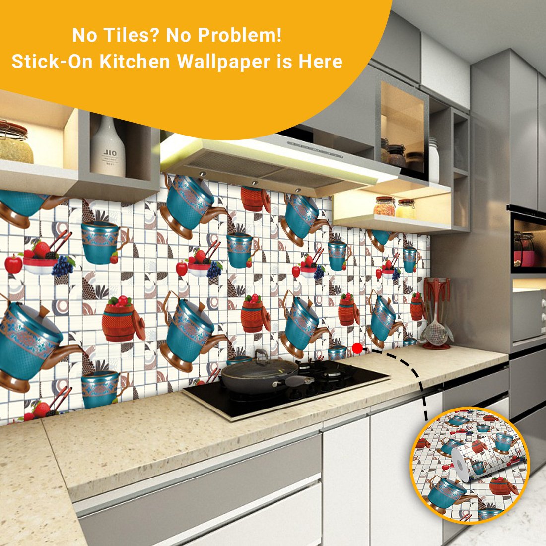 Stylish WallDaddy Kitchen Wallpaper showcasing practical kitchen wall decor ideas with colorful designs
