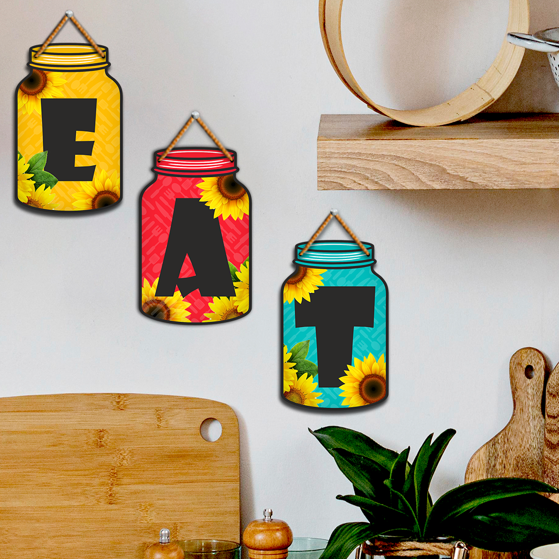 EAT Wooden Wall Hanging Set for Kitchen Décor | Colorful Jar Design with Sunflowers | Set of 3 Letters for Dining & Home Wall Decoration