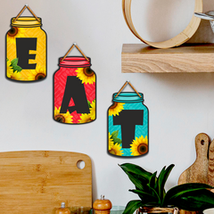 EAT Wooden Wall Hanging Set for Kitchen Décor | Colorful Jar Design with Sunflowers | Set of 3 Letters for Dining & Home Wall Decoration