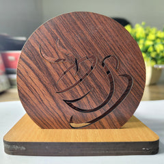 Wooden Tea Cup Design Coaster Set for Dining Table – 6 Round Coasters with Holder | MDF Coasters for Home, Office & Kitchen Table Decor