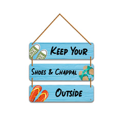 WallDaddy Keep Your Shoes & Chappal Outside Wall Hanging Decoration Item For Home Decor | 3 Printed Wooden Plaque With High Quality Glitter Rope | Home Sign Wall Hanging Decoration