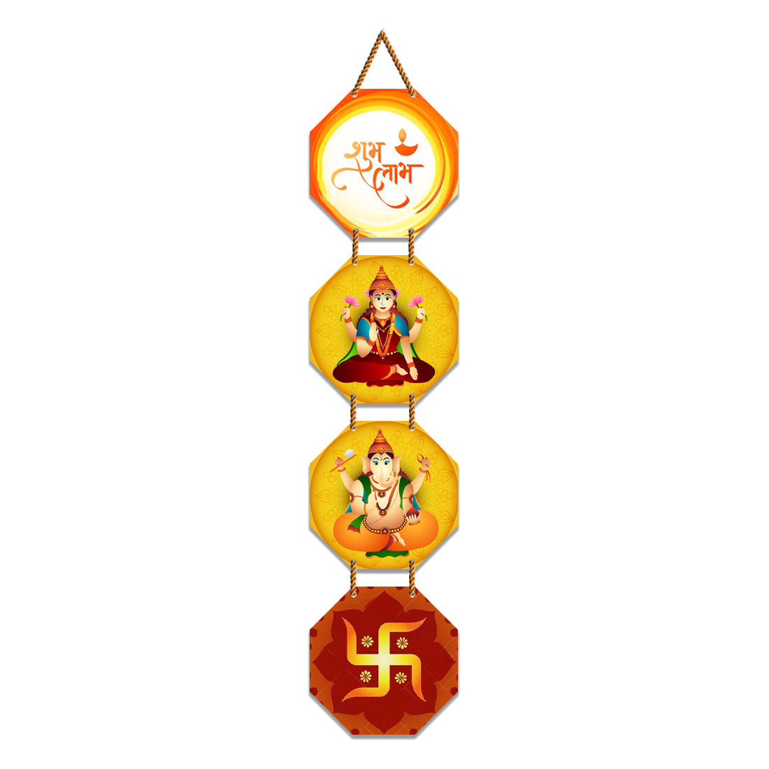 WallDaddy Shubh laabh Wall Hanging Decoration Item For Home Decor | Hexagon Shape 4 Printed Wooden Plaque With High Quality Glitter Rope | Hindu Religion Wall Hanging Decoration For Diwali Decoration