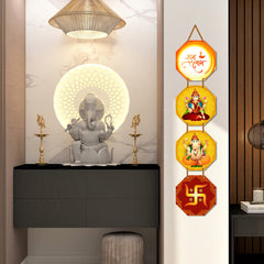 WallDaddy Shubh laabh Wall Hanging Decoration Item For Home Decor | Hexagon Shape 4 Printed Wooden Plaque With High Quality Glitter Rope | Hindu Religion Wall Hanging Decoration For Diwali Decoration