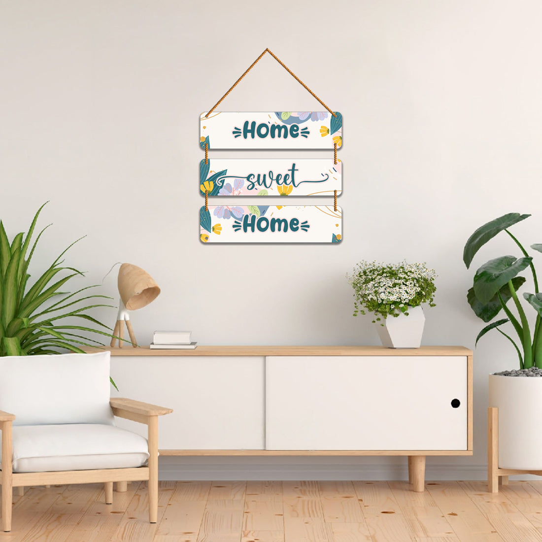 WallDaddy Home Sweet Home Wall Hanging Decoration Item For Home Decor | 3 Printed Wooden Plaque With High Quality Glitter Rope | Home Sign Wall Hanging Decoration