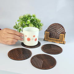 Wooden Coasters for Dining Table – Set of 6 Round Drink Coasters with Holder Stand | Stylish Tea & Coffee Table Coasters for Home & Office Use