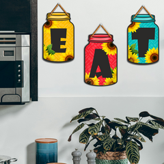 EAT Wooden Wall Hanging Set for Kitchen Décor | Colorful Jar Design with Sunflowers | Set of 3 Letters for Dining & Home Wall Decoration