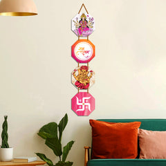 WallDaddy Shubh Laabh Wall Hanging Decoration Item For Home Decor | Hexagon Shape 4 Printed Wooden Plaque With High Quality Glitter Rope | Hindu Religion Wall Hanging Decoration For Diwali Decoration