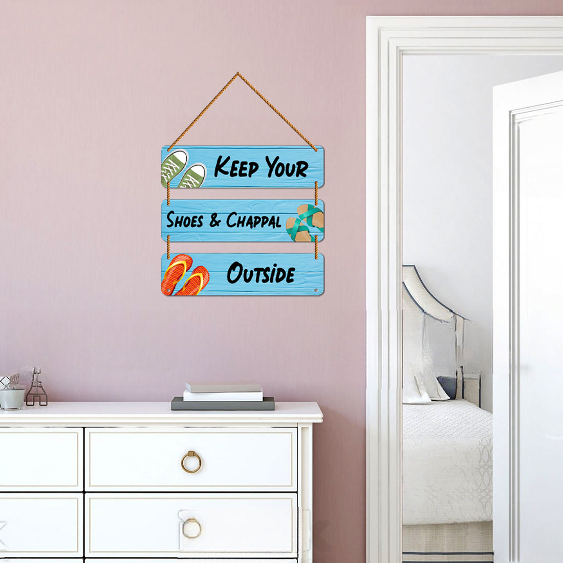 WallDaddy Keep Your Shoes & Chappal Outside Wall Hanging Decoration Item For Home Decor | 3 Printed Wooden Plaque With High Quality Glitter Rope | Home Sign Wall Hanging Decoration