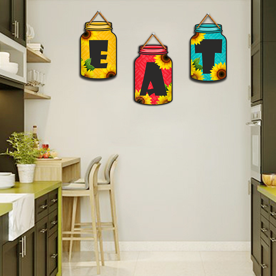 EAT Wooden Wall Hanging Set for Kitchen Décor | Colorful Jar Design with Sunflowers | Set of 3 Letters for Dining & Home Wall Decoration