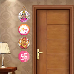 WallDaddy Shubh Laabh Wall Hanging Decoration Item For Home Decor | Hexagon Shape 4 Printed Wooden Plaque With High Quality Glitter Rope | Hindu Religion Wall Hanging Decoration For Diwali Decoration