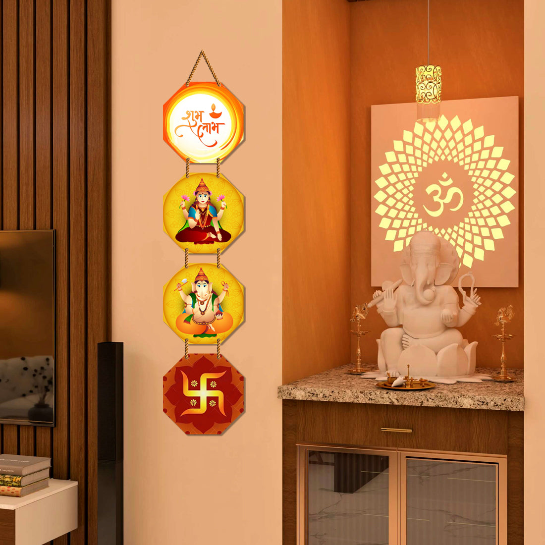 WallDaddy Shubh laabh Wall Hanging Decoration Item For Home Decor | Hexagon Shape 4 Printed Wooden Plaque With High Quality Glitter Rope | Hindu Religion Wall Hanging Decoration For Diwali Decoration