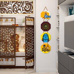 WallDaddy Har Har Mahadev Wall Hanging Decoration Item For Home Decor | Hexagon Shape 4 Printed Wooden Plaque With High Quality Glitter Rope | Hindu Religion Wall Hanging Decoration For Diwali Decoration