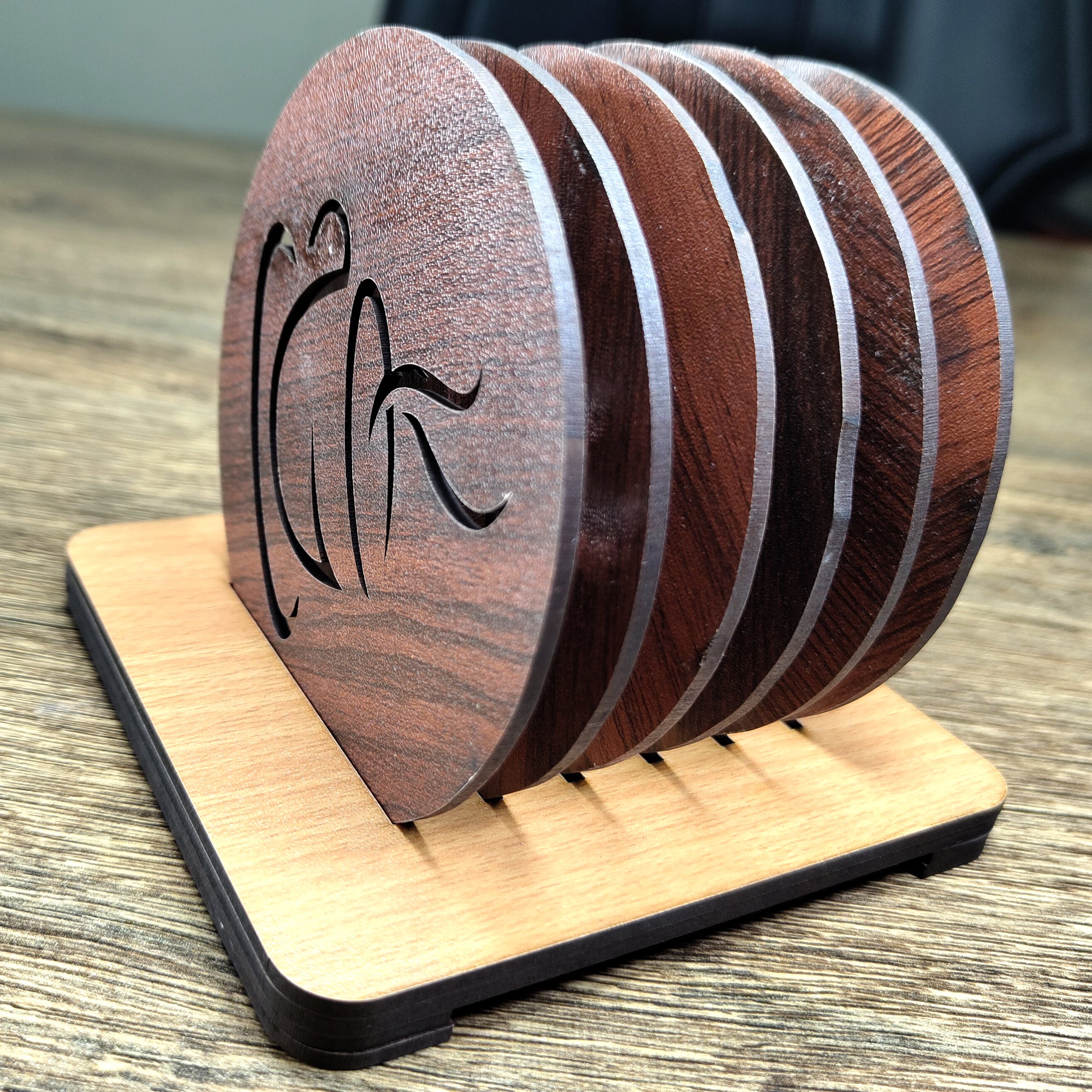 Wooden Tea Cup Design Coaster Set for Dining Table – 6 Round Coasters with Holder | MDF Coasters for Home, Office & Kitchen Table Decor