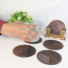 Wooden Coasters for Dining Table – Set of 6 Round Drink Coasters with Holder Stand | Stylish Tea & Coffee Table Coasters for Home & Office Use