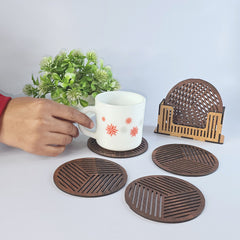 Wooden Coasters for Dining Table – Set of 6 Round Drink Coasters with Holder Stand | Stylish Tea & Coffee Table Coasters for Home & Office Use