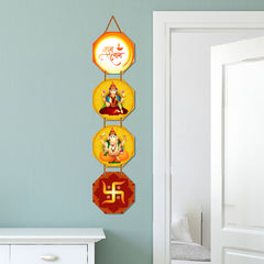 WallDaddy Shubh laabh Wall Hanging Decoration Item For Home Decor | Hexagon Shape 4 Printed Wooden Plaque With High Quality Glitter Rope | Hindu Religion Wall Hanging Decoration For Diwali Decoration
