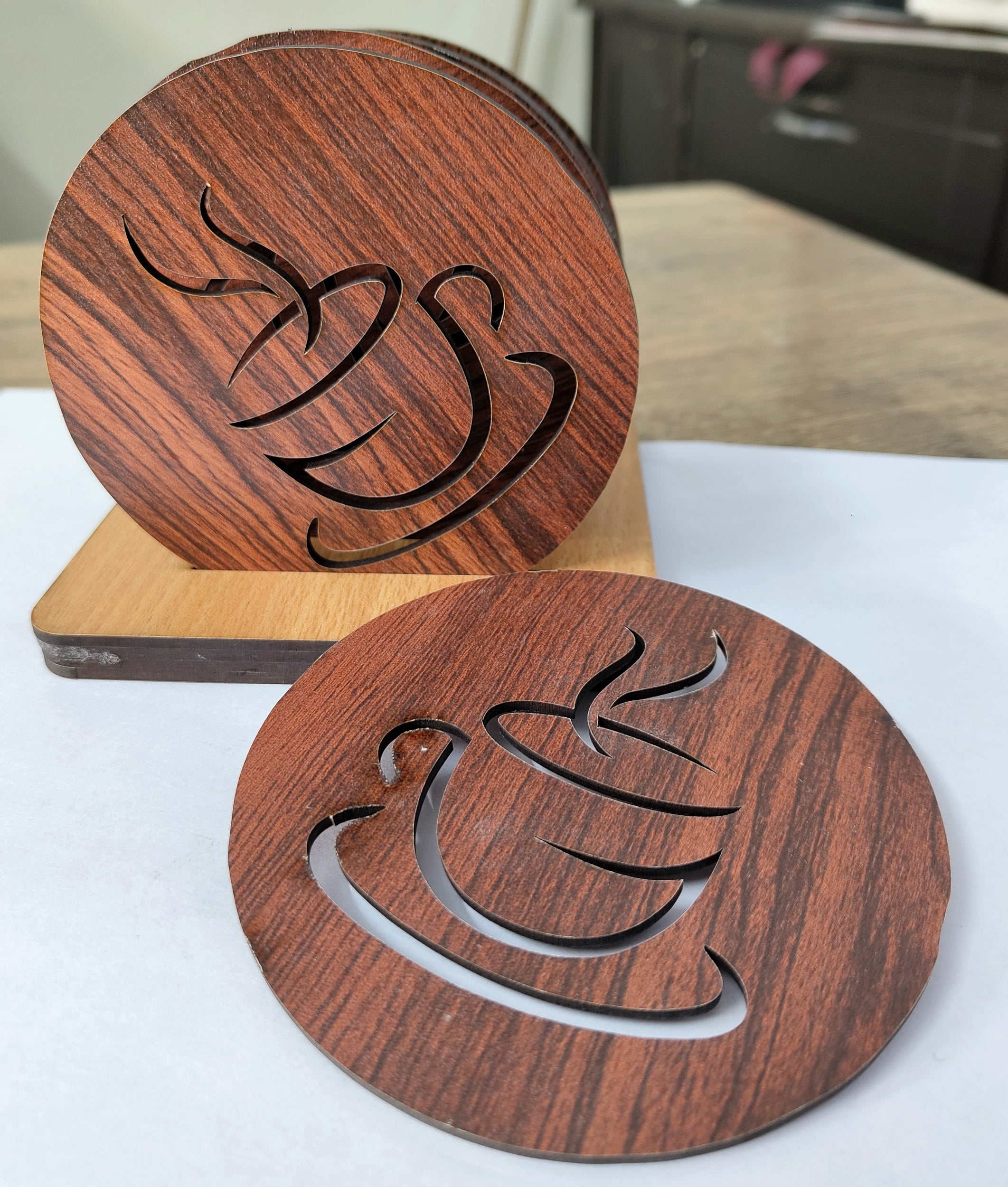 Wooden Tea Cup Design Coaster Set for Dining Table – 6 Round Coasters with Holder | MDF Coasters for Home, Office & Kitchen Table Decor