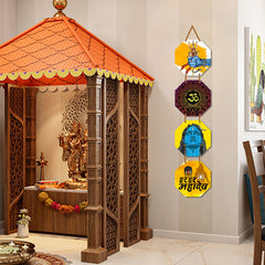 WallDaddy Har Har Mahadev Wall Hanging Decoration Item For Home Decor | Hexagon Shape 4 Printed Wooden Plaque With High Quality Glitter Rope | Hindu Religion Wall Hanging Decoration For Diwali Decoration