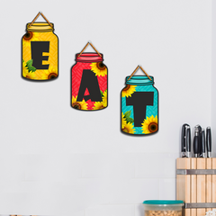 EAT Wooden Wall Hanging Set for Kitchen Décor | Colorful Jar Design with Sunflowers | Set of 3 Letters for Dining & Home Wall Decoration