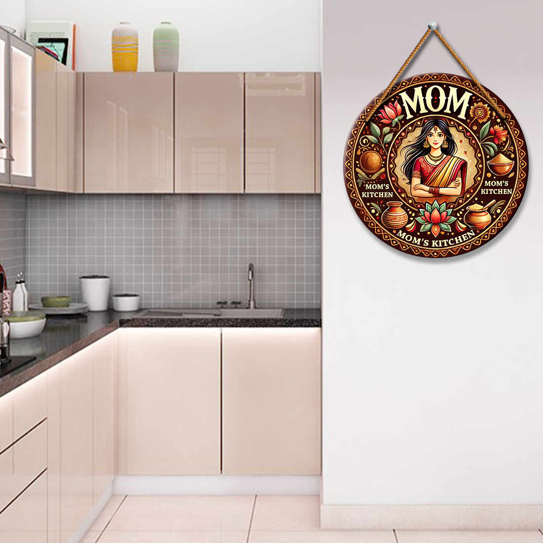 Mom’s Kitchen Wooden Wall Hanging for Kitchen Décor | Traditional Round Design for Home & Kitchen Wall Decoration