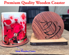 Wooden Tea Cup Design Coaster Set for Dining Table – 6 Round Coasters with Holder | MDF Coasters for Home, Office & Kitchen Table Decor