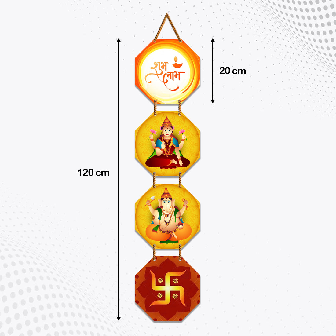 WallDaddy Shubh laabh Wall Hanging Decoration Item For Home Decor | Hexagon Shape 4 Printed Wooden Plaque With High Quality Glitter Rope | Hindu Religion Wall Hanging Decoration For Diwali Decoration