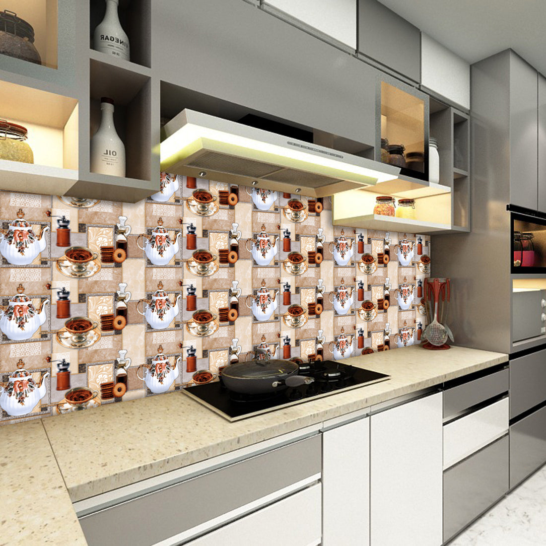 WallDaddy Kitchen Tea Pattern Wallpaper – Self Adhesive, Oil-Proof & Waterproof Wall Sticker – Size (100x40 cm) Each – Buy 1 Get 1 Free – Limited Time Offer!