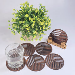 Wooden Coasters for Dining Table – Set of 6 Round Drink Coasters with Holder Stand | Stylish Tea & Coffee Table Coasters for Home & Office Use