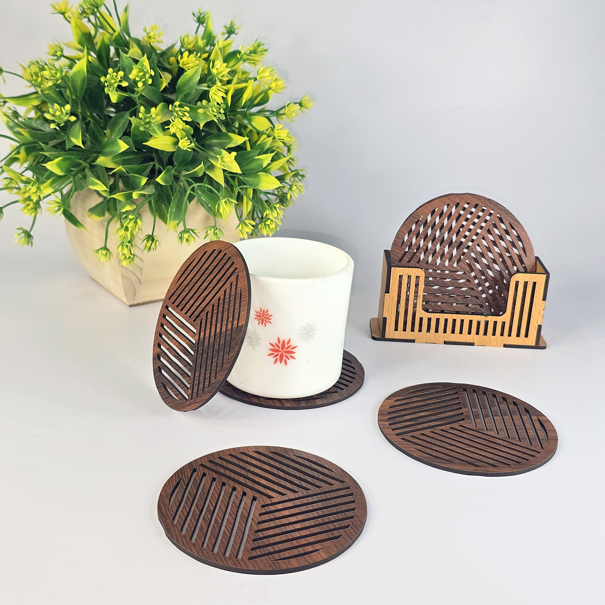 Wooden Coasters for Dining Table – Set of 6 Round Drink Coasters with Holder Stand | Stylish Tea & Coffee Table Coasters for Home & Office Use
