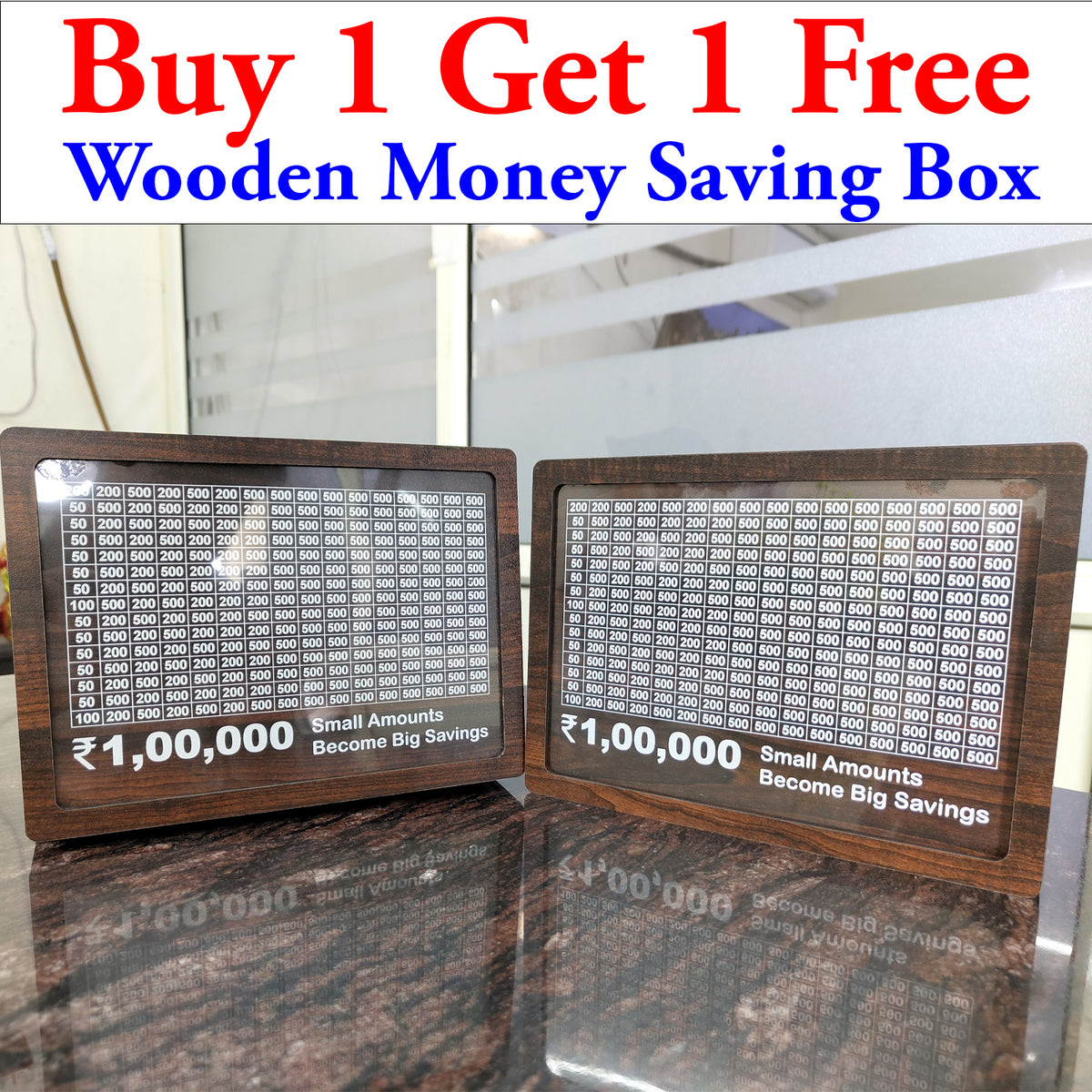 Buy 1 Get 1 Free Wooden Money Saving Box | Cash Saver Money Box with Counting Target | 1,00,000 Savings Challenge Piggy Bank | Coin & Cash Bank for Boys, Girls and Adult | Durable & Eco-Friendly (Pack Of - 2)