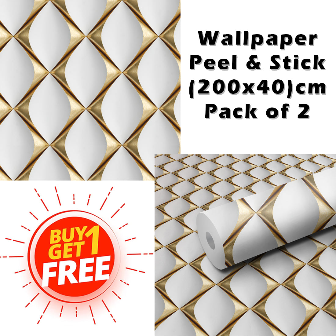 Self Adhesive 3D Wallpaper for Walls – Peel and Stick Vinyl Roll (200x40 cm Each) | Buy 1 Get 1 Free | Golden Wave Pattern for Home Decoration