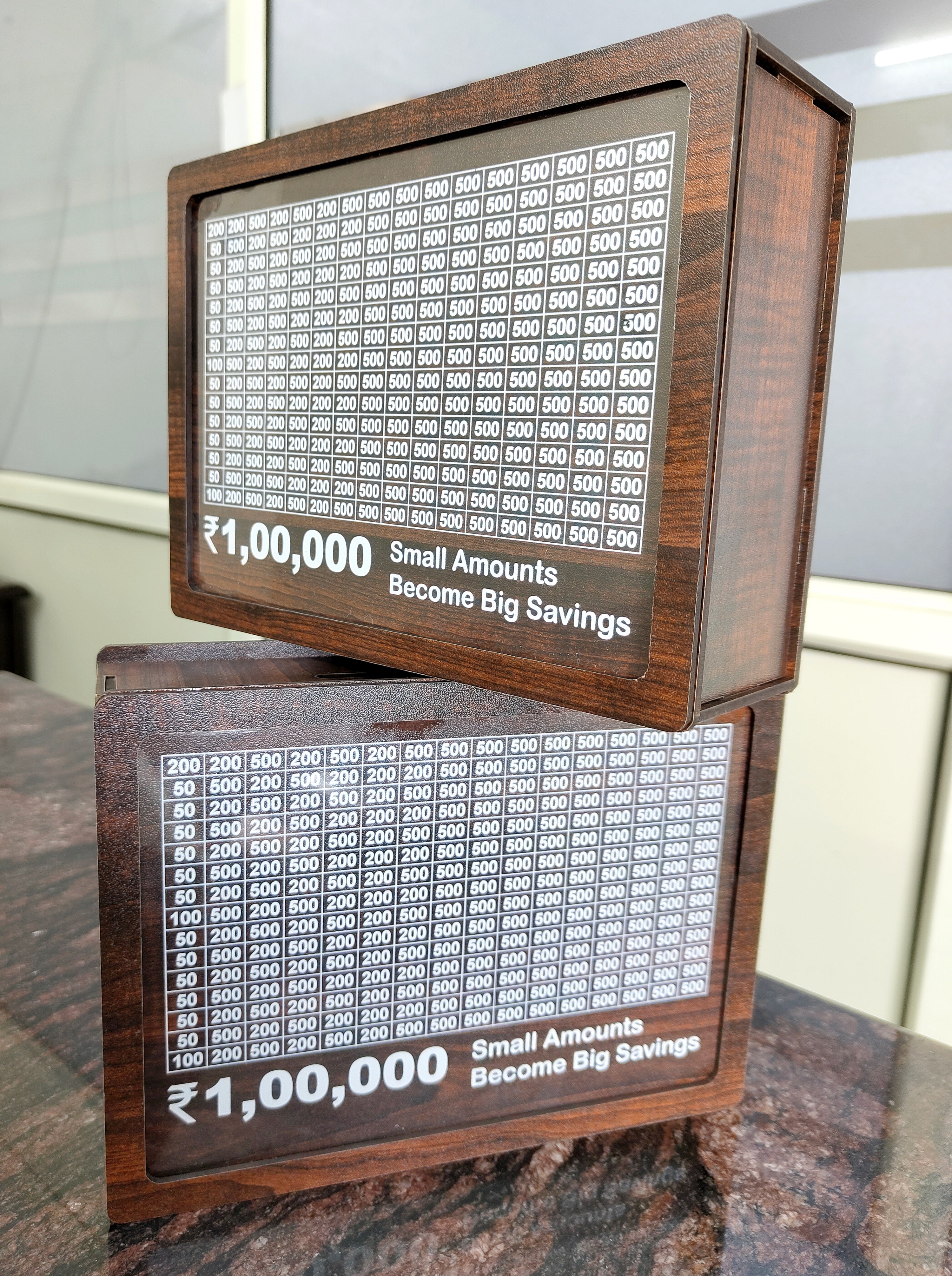 Buy 1 Get 1 Free Wooden Money Saving Box | Cash Saver Money Box with Counting Target | 1,00,000 Savings Challenge Piggy Bank | Coin & Cash Bank for Boys, Girls and Adult | Durable & Eco-Friendly (Pack Of - 2)