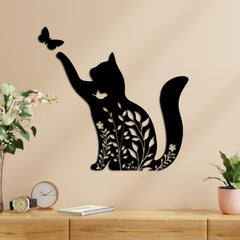 WallDaddy – Self Adhesive MDF Laser Cutout Home Decor Wall Art Stickers MDF Plaque Painted Cutout Ready To Hang Wall Stickers | MDF Cutouts Stickers For Home & Restaurant Decorations (Cat Butterfly)