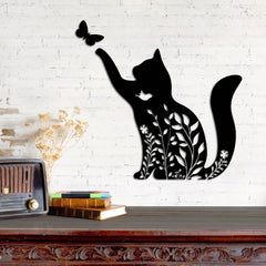WallDaddy – Self Adhesive MDF Laser Cutout Home Decor Wall Art Stickers MDF Plaque Painted Cutout Ready To Hang Wall Stickers | MDF Cutouts Stickers For Home & Restaurant Decorations (Cat Butterfly)