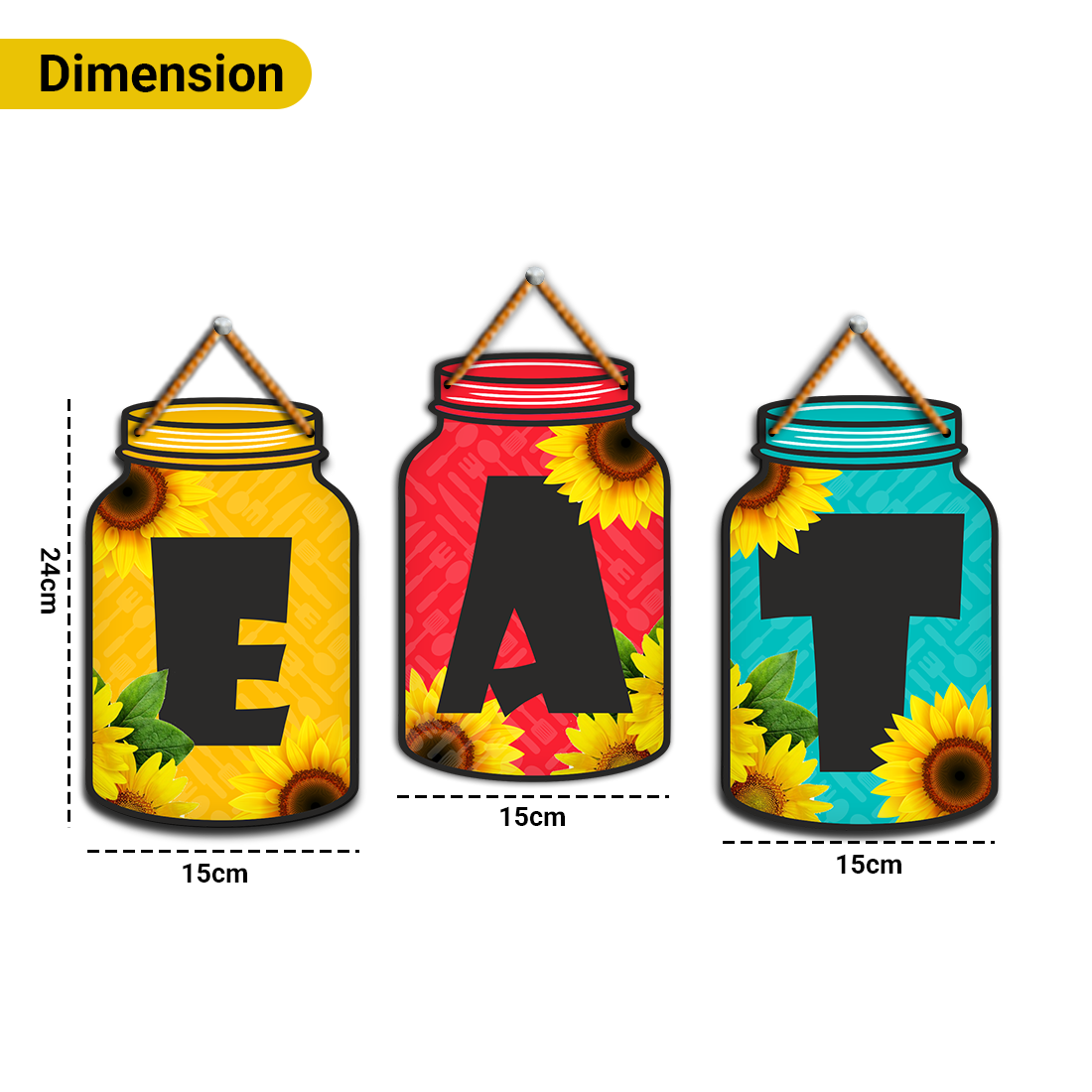 EAT Wooden Wall Hanging Set for Kitchen Décor | Colorful Jar Design with Sunflowers | Set of 3 Letters for Dining & Home Wall Decoration