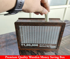 Wooden Money Saving Box | Cash Saver Money Box with Counting Target | 1,00,000 Savings Challenge Piggy Bank | Coin & Cash Bank for Boys, Girls and Adult | Durable & Eco-Friendly