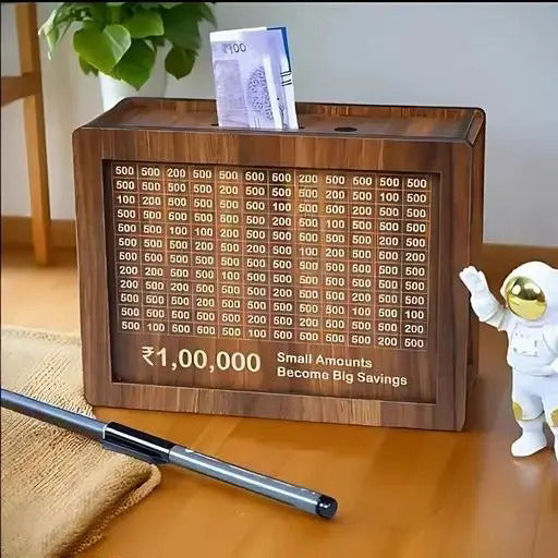 Wooden Money Saving Box | Cash Saver Money Box with Counting Target | 1,00,000 Savings Challenge Piggy Bank | Coin & Cash Bank for Boys, Girls and Adult | Durable & Eco-Friendly